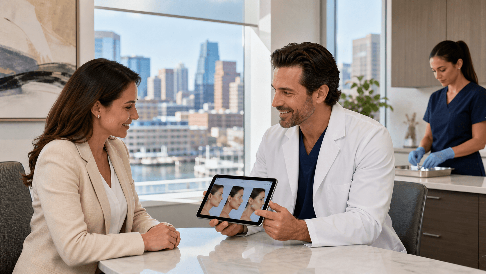Doctor in white coat holding clipboard in a bright modern clinic, soft blue accents and clean lighting
