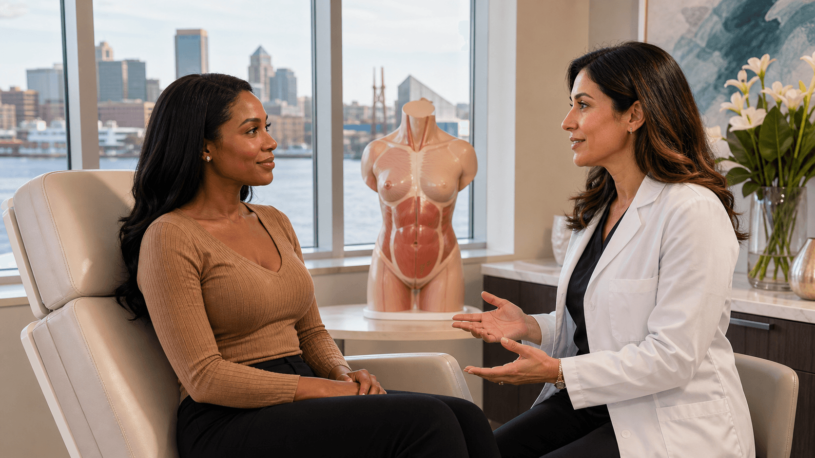Smiling woman in a white robe consults with a doctor in a bright, modern office.
