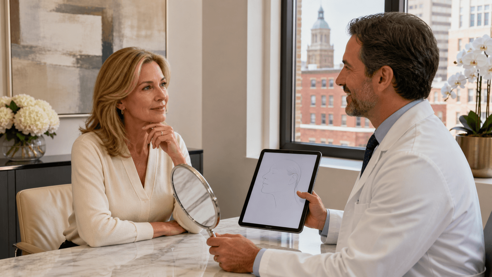 Smiling woman consults with a doctor in a bright modern office, reviewing notes across a desk.